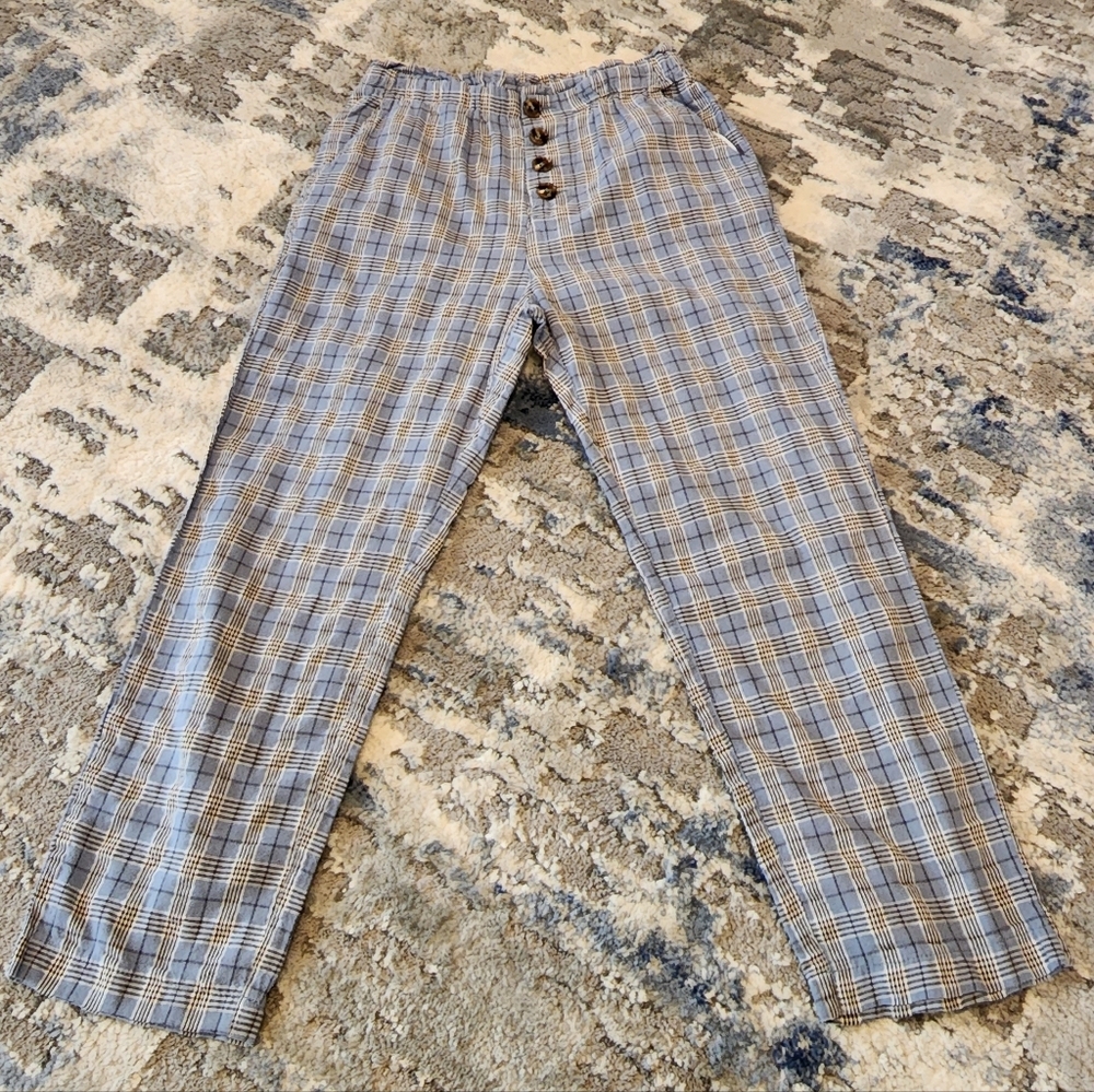 Sky and Sparrow Blue Plaid Cropped Pants Stretch Waist Est Size XS